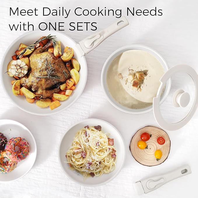 15Pcs Pots and Pans Set Non Stick, Cookware Sets with Detachable Handle, Nonstick RV Kitchen Cooking Tools Removable Handles, Oven Safe, Induction Fast, Stackable Induction Cookware, Tangerine