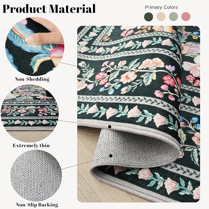 Door Mat Indoor Entrance 2x3 Rug Machine Washable Vintage Floral Small Area Rug Non-Slip Low Pile Throw Rugs for Entryway, Kitchen, Front Door Indoor Entrance, Entry, Kids Room, Green