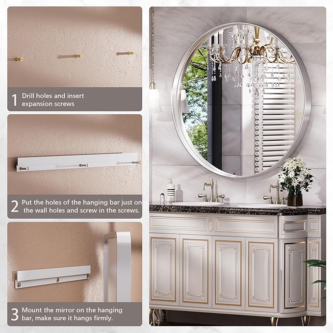 Hasipu Round Silver Mirror 38 Inch Large Round Bathroom Mirror Metal Frame, Wall Mounted Circle Vanity Mirror Modern Decor (Horizontal/Vertical)