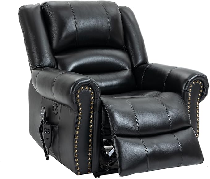 Dual Motor Power Lift Chair, Lay Flat Recliner Chair, Electric Recliner with Massage and Heat for Elderly, Remote Control, Infinite Position, Standing Assistance, USB Ports, Genuine Leather, Black