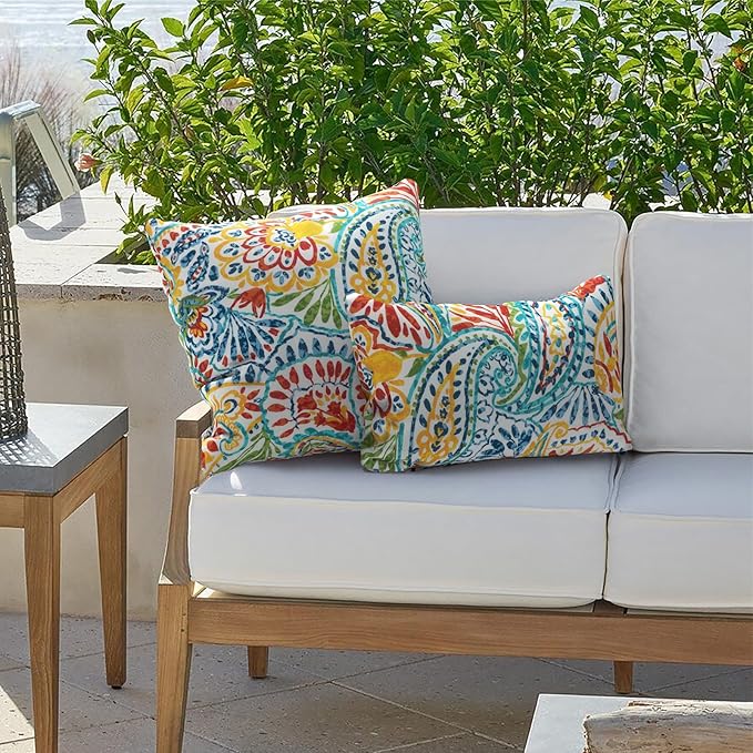 Outdoor Lumbar Pillows 12x20 inch, Rectangle Throw Pillows with Inserts, Decorative Lumbar Cushions for Patio Furniture Garden Couch Home Sofa Office Chair, Pack of 2, Paisley Multi