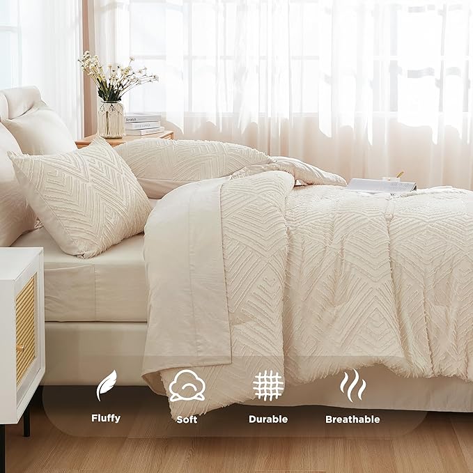 Andency Beige Full Size Comforter Set with Sheets - 7 Pieces Bed in a Bag Boho Tufted Bedding Sets Fluffy Lightweight Full Bed Set with Comforter, Sheets, Pillowcases & Shams for All Season