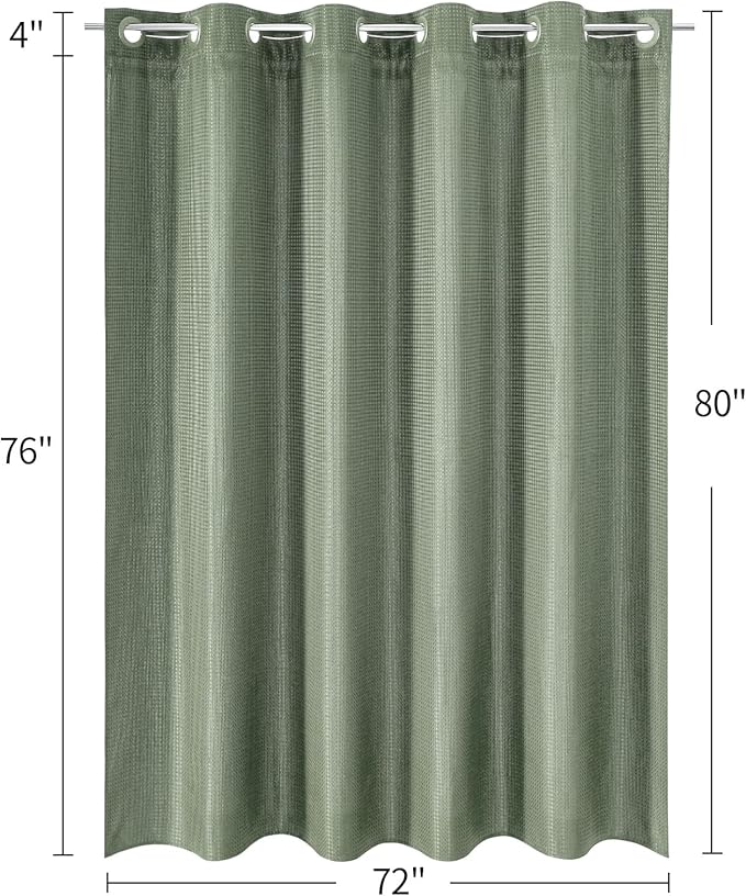 MitoVilla Sage Green Waffle Long Shower Curtain 72 x 80, No Hooks Required 80 inch Long Fabric Cloth Shower Curtain Set with Cloth Snap-in Liner for Modern Hotel Bathroom Decor