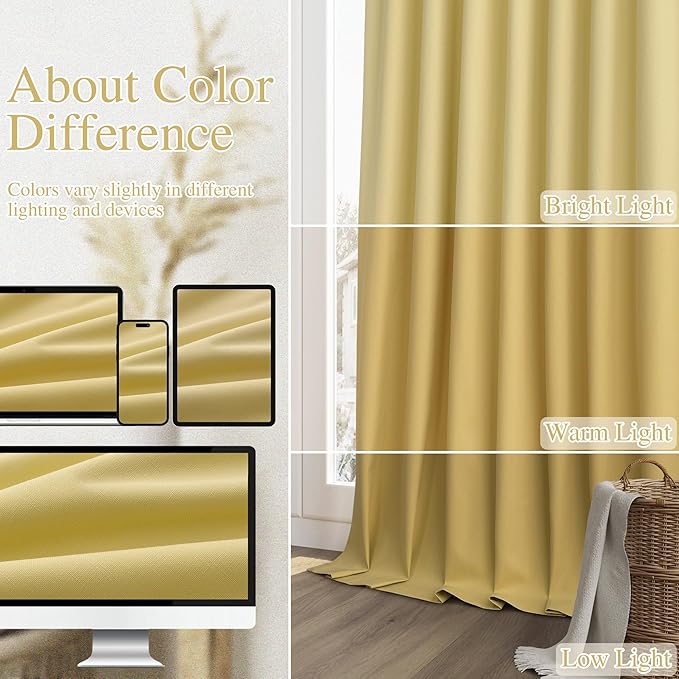 Guken Yellow Blackout Curtains 102 Inch Length 2 Panels Set for Living Room Bedroom Back Tab Thermal Insulated 100% Black Out Linen Drapes Room Darkening Window Curtains 102 Inches Long