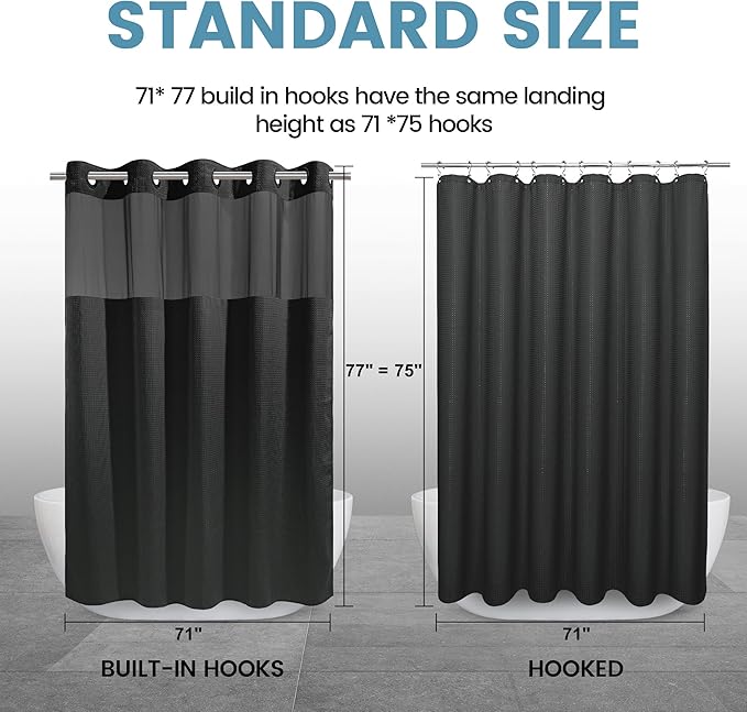 Long No Hook Shower Curtain with Snap in Liner,230GSM Waffle Weave Shower Curtains for Bathroom,71W x 77H(75"),Black