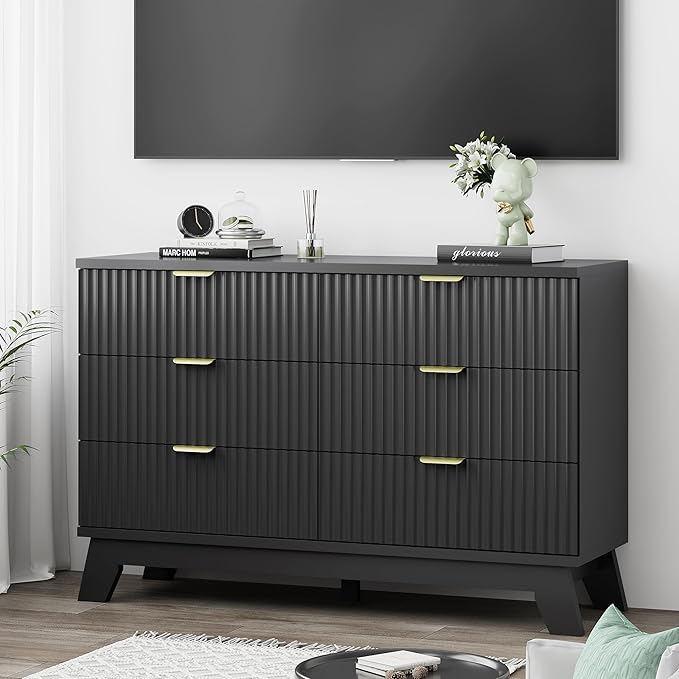 Fluted Dresser for Bedroom with 6 Drawers, 48" Wide Wooden Chest of Drawers with Metal Handle, Modern Dresser TV Stand, Wood Closet Clothes Storage Organizer for Living Room, Hallway, Black