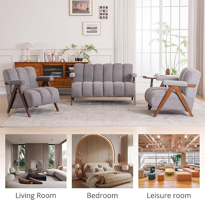 Mid Century Modern Accent Chair Loveseat Sofa with Solid Wood Frame, Boucle Upholstered Living Room Chairs with Thick Cushion, Comfy Tufted Arm Chair for Bedroom, Grey
