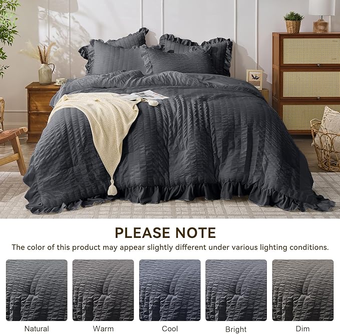 JOLLYVOGUE Dark Gray Queen Comforter Set, 3 Pieces Seersucker Bedding Comforter Sets, All Season Bed in a Bag Queen, Lightweight & Fluffy Queen Bedding Set with 1 Comforter, 2 Ruffle Pillowshams