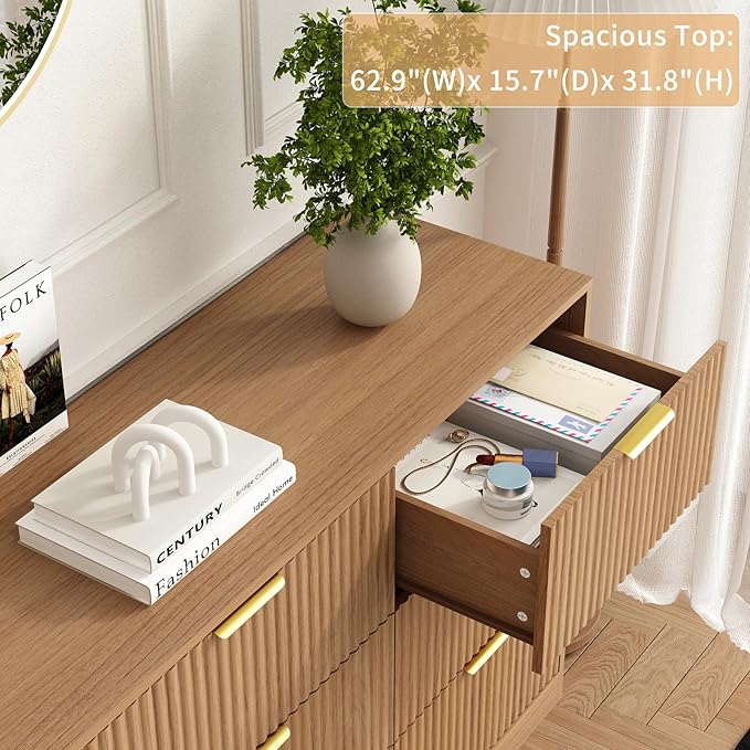 9 Drawer Dresser for Bedroom with Deep Drawers, 63" Wide Wood Dresser, Large Floor Chest of Drawers, Modern Long TV Stand, Mid Century Storage Cabinet Side Table, Natural