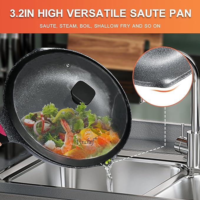 Vinchef New Handle Update 11In/5Qt Aluminum Nonstick Deep Frying Pan with Lid and Heat Indicator, Anti Scratch and Anti Stain Deep Saute Pan, Induction Compatible