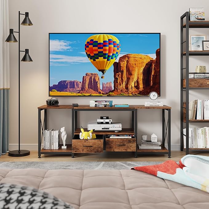 TV Stand with Fabric Drawers for 65 70 75 Inches TV - Entertainment Center and Industrial TV Console Table with Open Storage Shelves for Living Room, Bedroom - 63" Rustic Brown