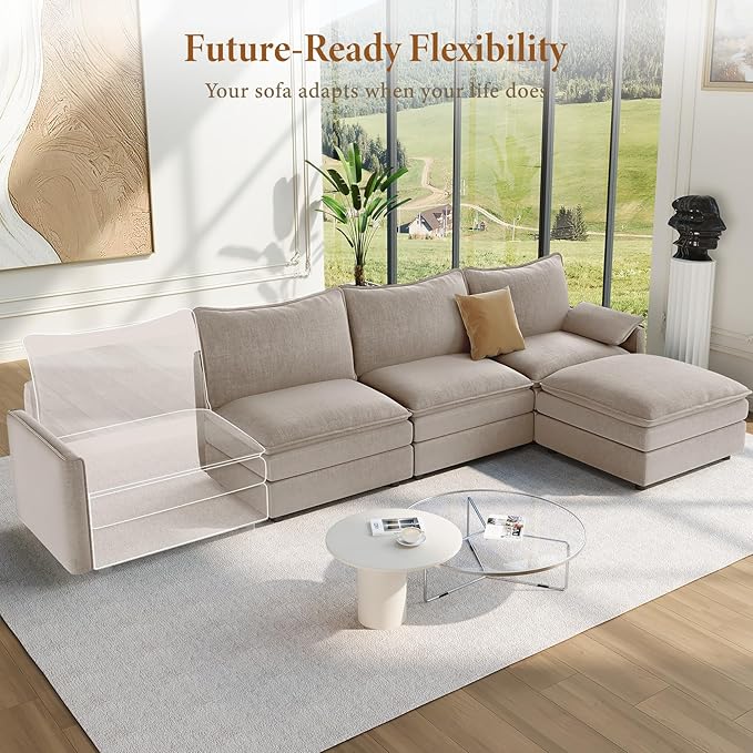 Vesgantti 108" Modular Sectional Sofa, Comfy Cloud Couch with Movable Ottoman Deep Seat Chenille L Shaped Modular Sofa, Sectional Couches for Living Room, Bedroom and Apartment, Light Brown