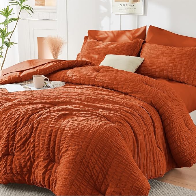 HYMOKEGE Burnt Orange Twin XL Comforter Set Seersucker 5 Pieces, All Season Luxury Bed in a Bag for Bedroom, Bedding Set with Comforter, Sheets, Pillowcase & Sham