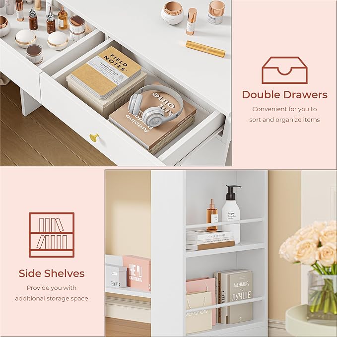 IRONCK Vanity Desk with Mirror and Lights, Small Makeup Vanity Table with 3 Color Modes, 2 Drawers, 2 Side Shelves & Open Storage Shelves, Dressing Table for Bedroom,White