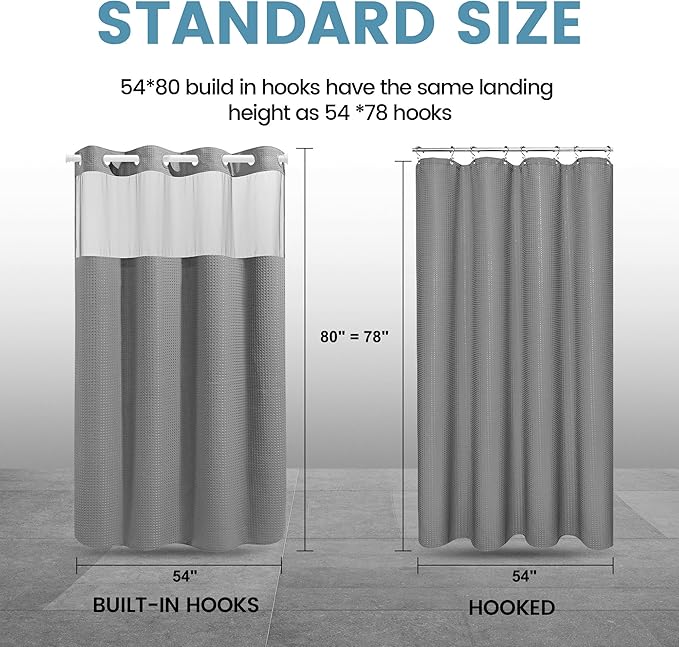 Grey Stall Shower Curtain and Liner Set - 230GSM Waffle Weave Textured Heavy Duty,Hotel Luxury Weighted Bath Curtain,54W x 80H