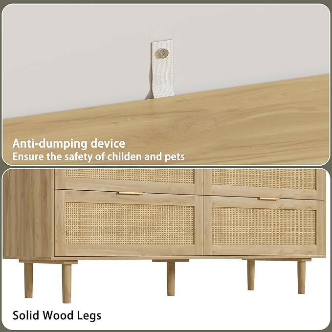 Furnideco 6 Drawer Rattan Dresser for Bedroom Wood Dresser for Closet with Solid-Wood Legs Boho Chest of Drawers Beside Table for Bedroom, Living Room, Natural