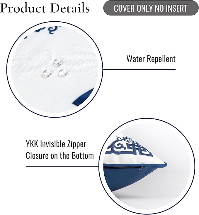 Hofdeco Premium Coastal Hampton Style Patio Indoor Outdoor Throw Pillow Cover Only, 18"x18" Water Resistant for Backyard, Couch, Navy Blue Embroidered Longevity Symbol