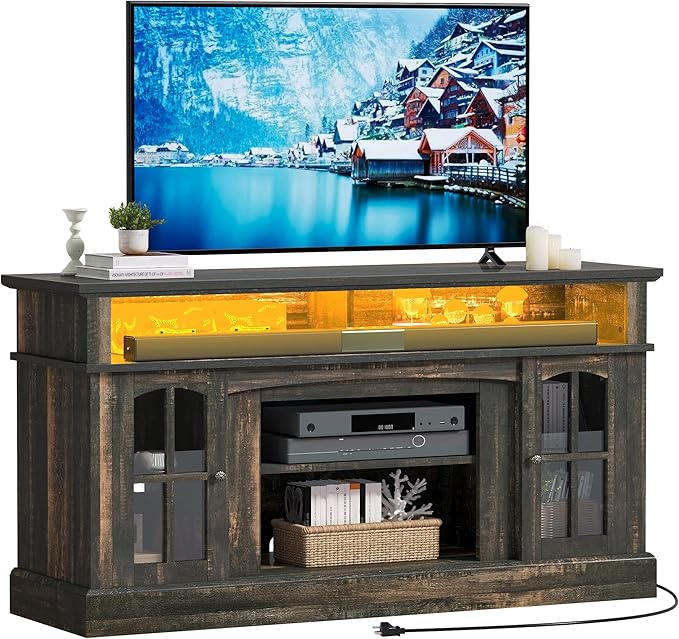 YITAHOME LED Farmhouse TV Stand for 65 Inch w/Outlets, Modern Entertainment Center with Glass Doors and Adjustable Storage Shelves, Media Console TV Cabinet for for Living Room, Dark Rustic Oak