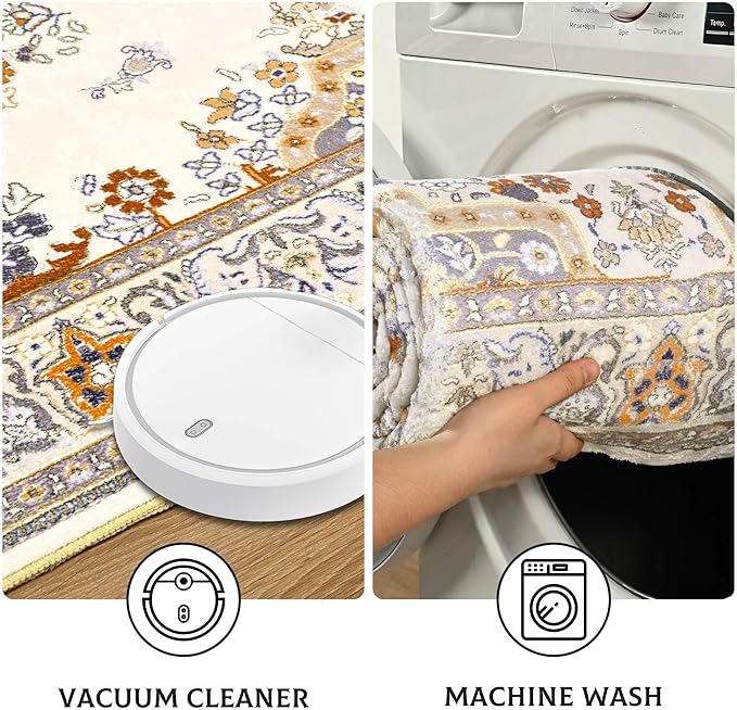 Vintage Area Rug 5x8 Rugs, Machine Washable Vintage Area Rug Non-Slip Low Pile Large Rug for Living Room, Bedroom, Farmhouse, Dining Room, Beige