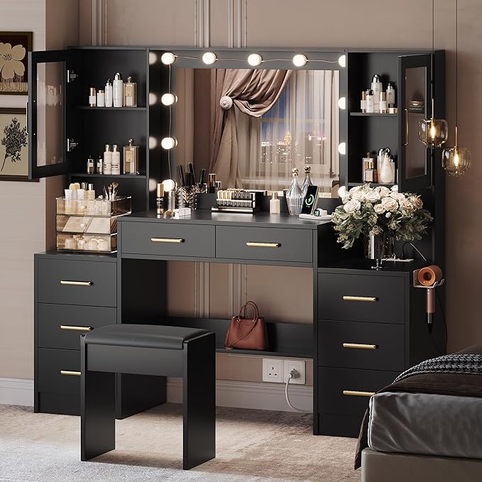 Black Vanity Desk with Mirror, Lights & Charging Station, 58.3" 3 Lighting Modes Makeup Desk with 8 Drawers, 2 Cabinets and Lots Storage, Dressing Table Vanity Set with Lighted Mirror
