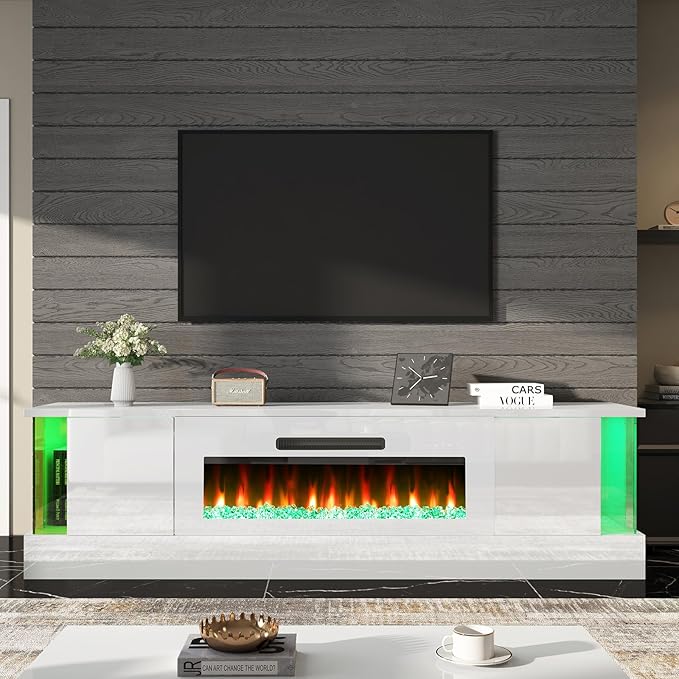 AMERLIFE High Gloss Fireplace TV Stand with 36" Fireplace, 70" LED Lights Entertainment Center with Flip Doors & Corner Glass Decor, Modern TV Console Table for TVs up to 80", Living Room, White&White