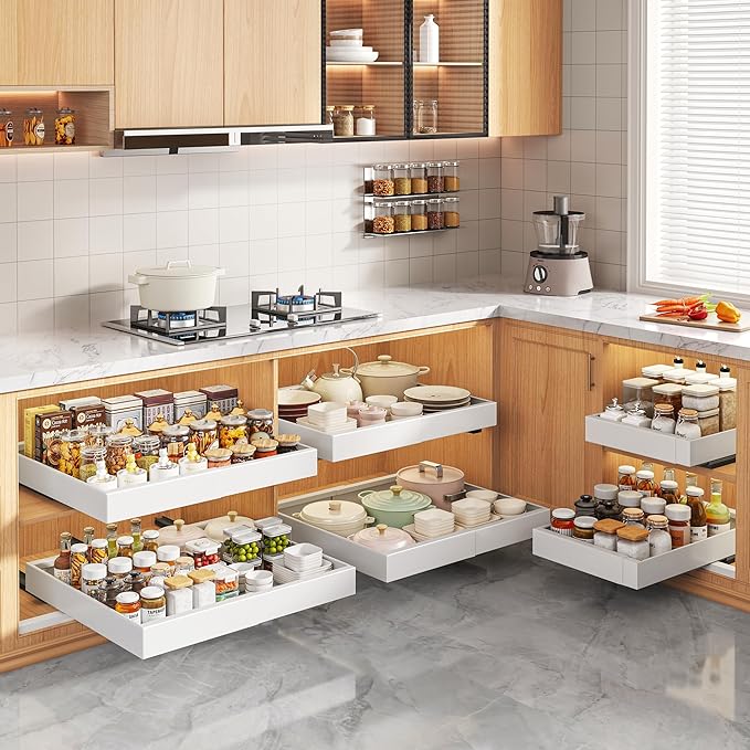 2 Pack Pull Out Cabinet Organizers 21"Deep with Raising Pad for Framed Cabinets,Expandable Slide Out Drawers Upgrade 3 Slide Rails,Roll Out Shelves Adhesive,Adjustable Width 12"-20.45" White
