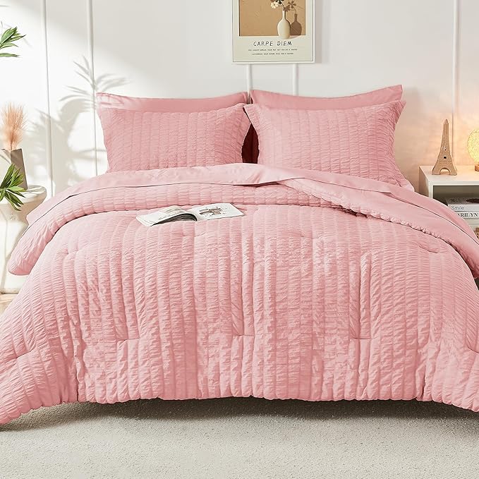 HYMOKEGE Rose Pink Queen Comforter Set Seersucker 7 Pieces, All Season Luxury Bed in a Bag Queen for Bedroom, Bedding Set with Comforter, Sheets, Pillowcases & Shams