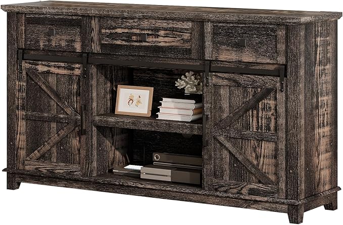 Farmhouse TV Stand with Sliding Barn Door & Drawer, 59" Rustic Entertainment Center for TVs up to 65", Buffet Storage Cabinet for Living Room, Dinning Room, Dark Rustic Oak