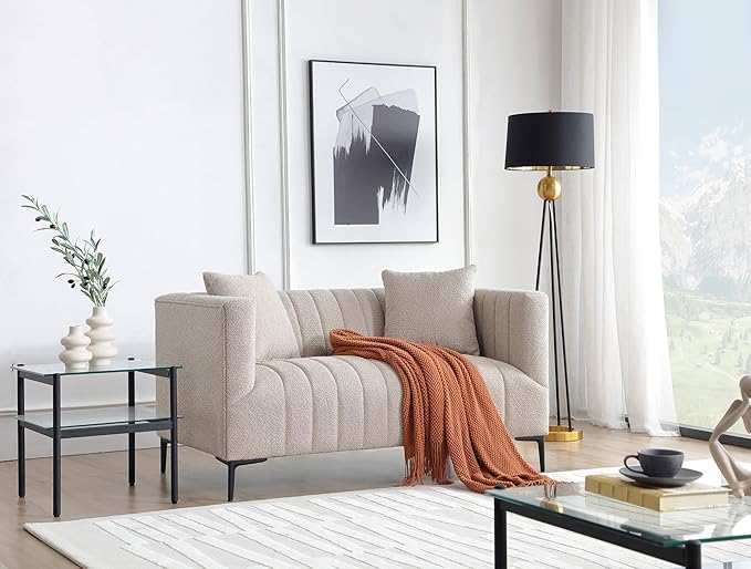 Get Set Style Modern Accent Loveseat Sofa Couch, Tufted Boucle Upholstered Sherpa Deep Seat Cloud Couch with 2 Pillows,Comfy 2 Seater Love Seat for Living Room Apartment Office Lounge Studio (Taupe)