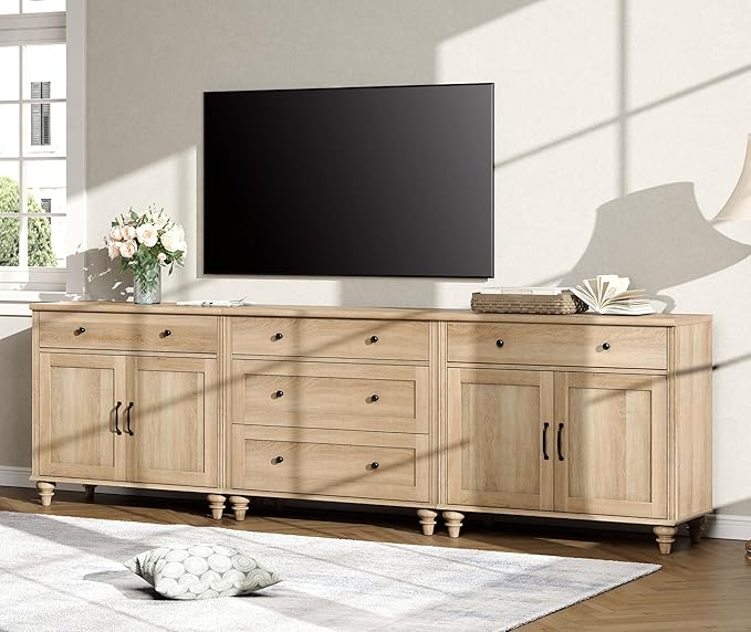 WAMPAT Farmhouse TV Stand for 100 Inch TV, 3-in-1 TV Console Table with 5 Drawers and 4 Doors, Entertainment Center for 75/80/85/90 Inch TV, Kitchen Sideboard Buffet Cabinet for Dining Room, Oak