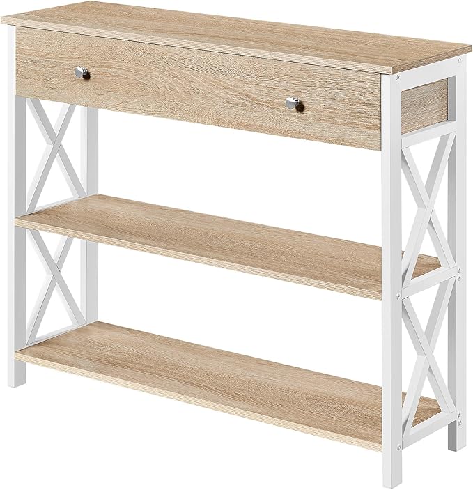 Yaheetech Console Table with Drawer, Narrow Sofa Table with Storage Shelves for Living Room, 3-Tier Entryway Tables with Metal Frame, Light Oak