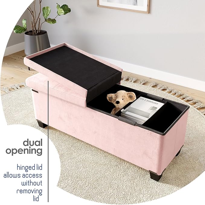STORAGEBUD Storage Ottoman Bench with Bins, 43-in Storage Bench for Bedroom End of Bed, Folding Foot Rest Ottoman for Living Room Max 660lbs, Velvet Ottomans, Pink