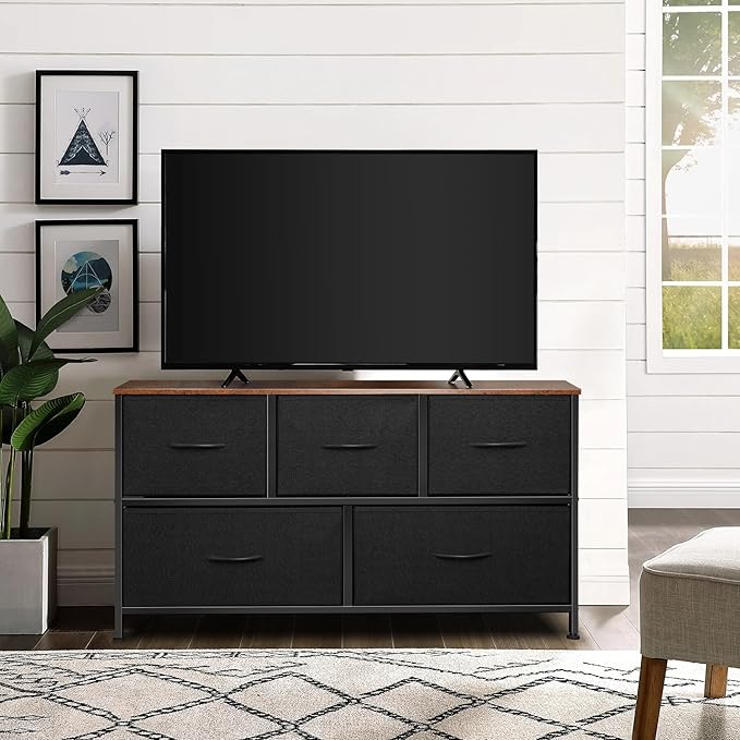 Dresser for Bedroom with 5 Drawers, Chest of Drawers, Storage Drawers Organizer Unit, Black Wide Fabric Dresser with Fabric Bins for Closet, Living Room, Bedroom (Black and Rustic Brown)