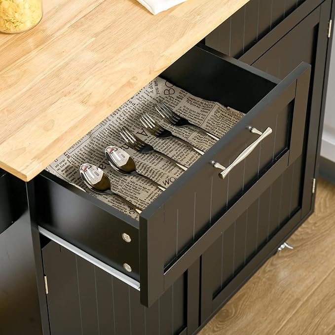 HOMCOM 41" Modern Rolling Kitchen Island on Wheels, Utility Cart Storage Trolley with Rubberwood Top & Drawers, Black