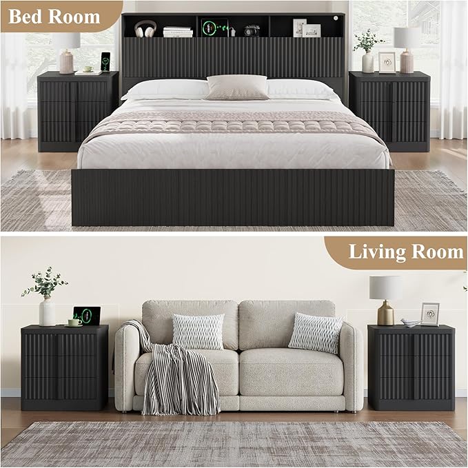 Fluted Night Stand with Charging Station, 23.6" Nightstand with Solid Wood Handle, Mid Century Moden Bedside Table End Table 3 Drawer Dresser for Bedroom, Living Room, Black