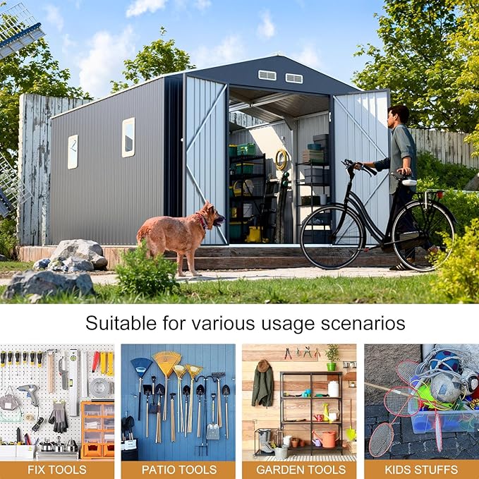 10x10 FT Metal Shed Large Waterproof Outdoor Tools Storage with Clear Roof Windows Air Vent Door for Outside Garden Patio Lawn Backyard to Store Bikes,Lawnmower,Garage,Dark Grey