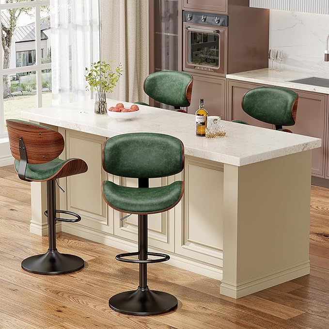 Bar Stools Modern PU Leather Adjustable Swivel Barstools, Kitchen Counter Bar Stool, Island Barstool with Back (Green 1PCS)