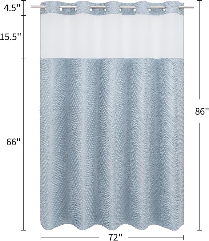 No Hook Extra Long Shower Curtain Set with Snap-in Liner, 86 inch XL Boho Blue Fabric Shower Curtains for Modern Bathroom Decor, Hotel Style Shower Curtain with See Through Top Window