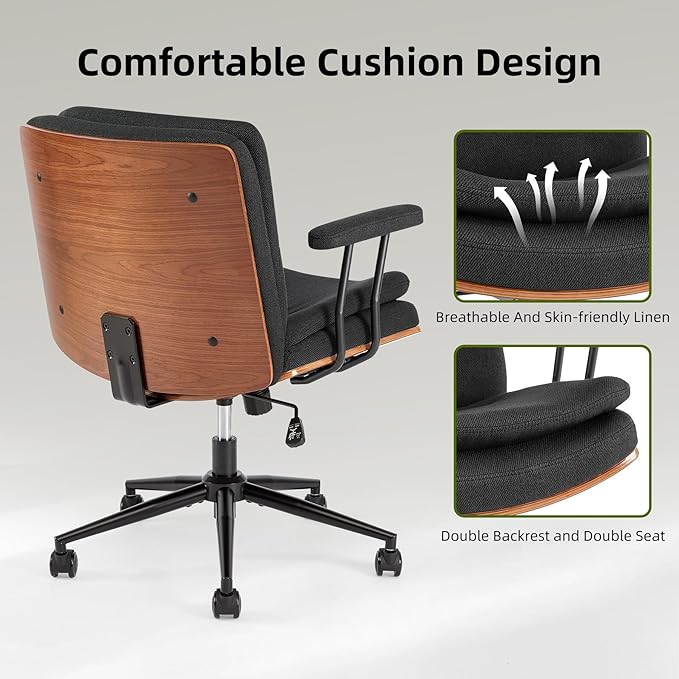 Criss Cross Chair with Armrests & Wheels, PU Leather Adjustable Swivel Walnut Task Chair with Wide Seat, Ergonomic Mid Back Computer Office Desk Chairs for Meeting Room, Home