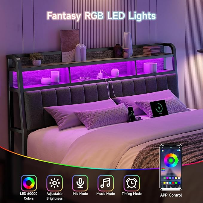 Ergonomic Headboard for King Size Bed with 2-Tier Storage, Upholstered Headboards with Outlets, USB Ports, LED Light, King Head Board Only, Height Adjustable, Sturdy and Stable, Black & Grey