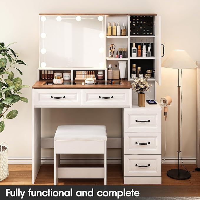 Vabches Makeup Vanity Desk with Lights and Mirror, Brown Vanity Table Set with Charging Station, Glass Top Vanity with RGB Lights, Large Mirror with 3 Lighting Modes, 5 Drawers & Cabinet, 40.7in(L)