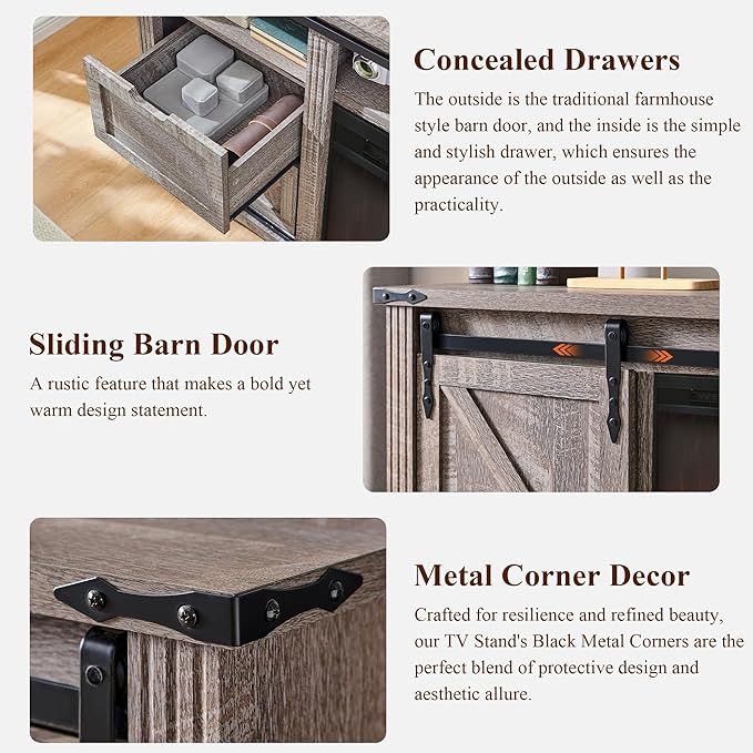 JXQTLINGMU Farmhouse Fireplace TV Stand for 80 Inch TV, 32" Tall Entertainment Center w/Drawer & Sliding Barn Door, 70 Inch Highboy Media Console for Living Room, Grey Wash