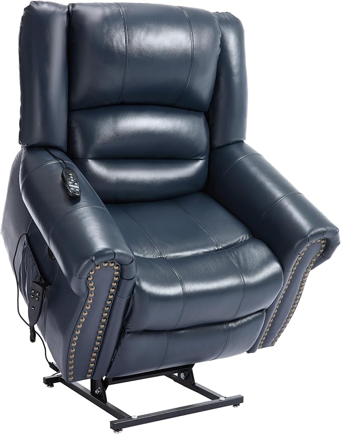 Dual Motor Power Lift Chair, Lay Flat Recliner Chair, Electric Recliner with Massage and Heat for Elderly, Remote Control, Infinite Position, Standing Assistance, USB Ports (Blue, Genuine Leather)