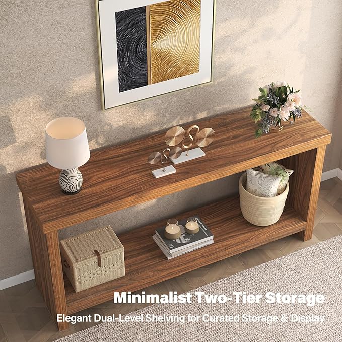 63 Inches Narrow Console Table, 2-Tier Long Sofa Tables Behind Couch Table, Farmhouse Foyer Tables for Entryway, Hallway, Living Room, Rustic Brown