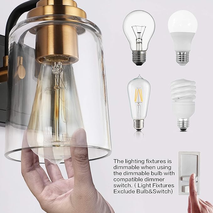 SOLFART 20.1 Inch Black Vintage Bathroom Vanity Light Fixtures Fixtures with Modern Glass Globe Shade Metal Brass Wall Lamp 2 Lights