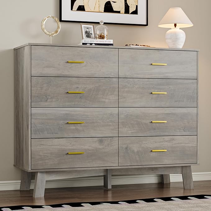 Dresser for Bedroom with 8-Drawer, 37" Tall Modern Chest of Drawers with Metal Handles, X-Shape Base & Adjustable Center Leg, Anti-Tip Closet Organizers and Storage
