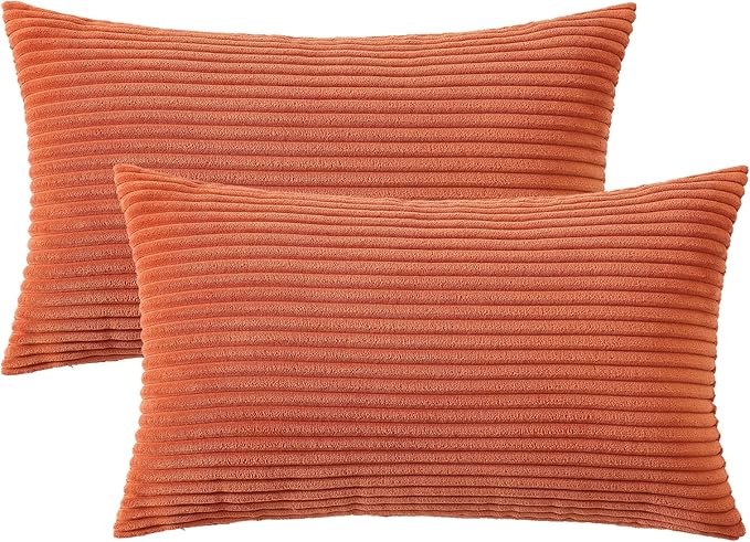 Mecatny Corduroy Decorative Fall Throw Pillow Covers 12x20 Set of 2 for Sofa Living Room, Soft Burnt Orange Neutral Boho Couch Pillow Covers for Home Decor, Rust