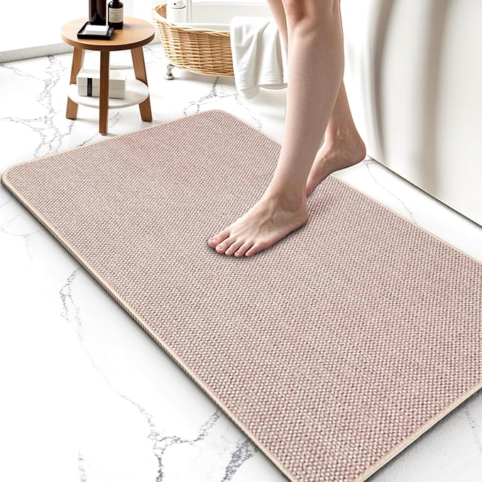 2 Pack Thin Bathroom Rugs, Bath Mat Super Absorbent, Bath Rugs Rubber Backing Non-Slip, Quick Dry Machine Washable, Cozy Cloth Bathroom Mat fit Under Door/Sink/ Bathtub/Shower/Kids 17''x27''-Biege