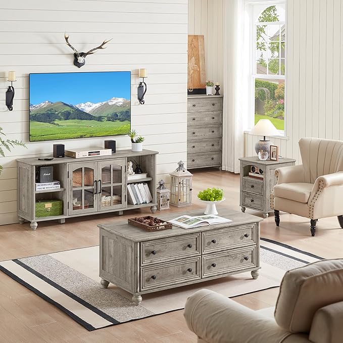 Farmhouse TV Stand for 60 Inch TV, Wood Entertainment Center with Glass Door Storage Cabinet & Adjustable Shelves,Television Stands for 65" TVS, Grey TV Console Table for Living Room,Bedroom