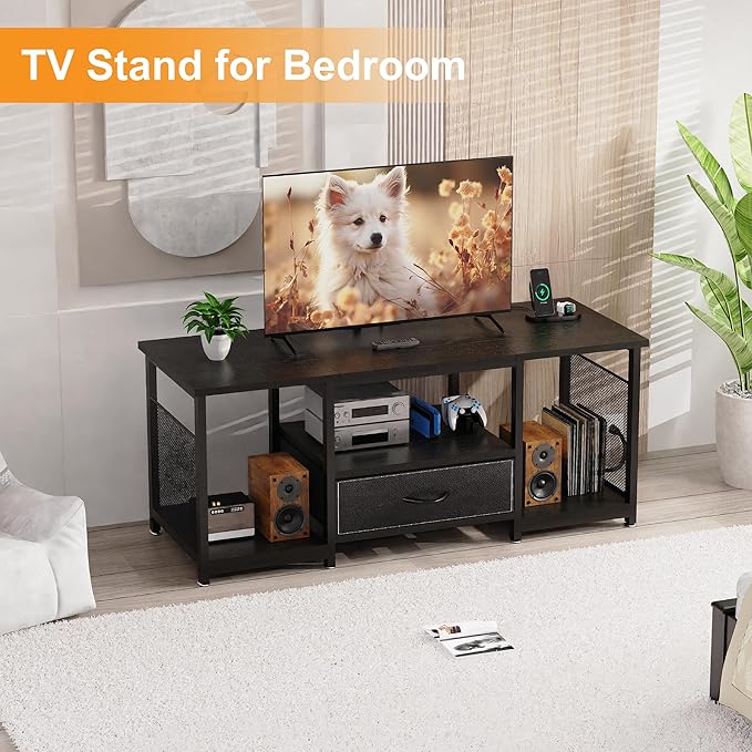 TV Stand with Drawers and Power Outlet for 65 60 55 Inch TV, Entertainment Center with Open Storage Shelves, Industrial Media TV Console Table for Living Room Bedroom Office, Black